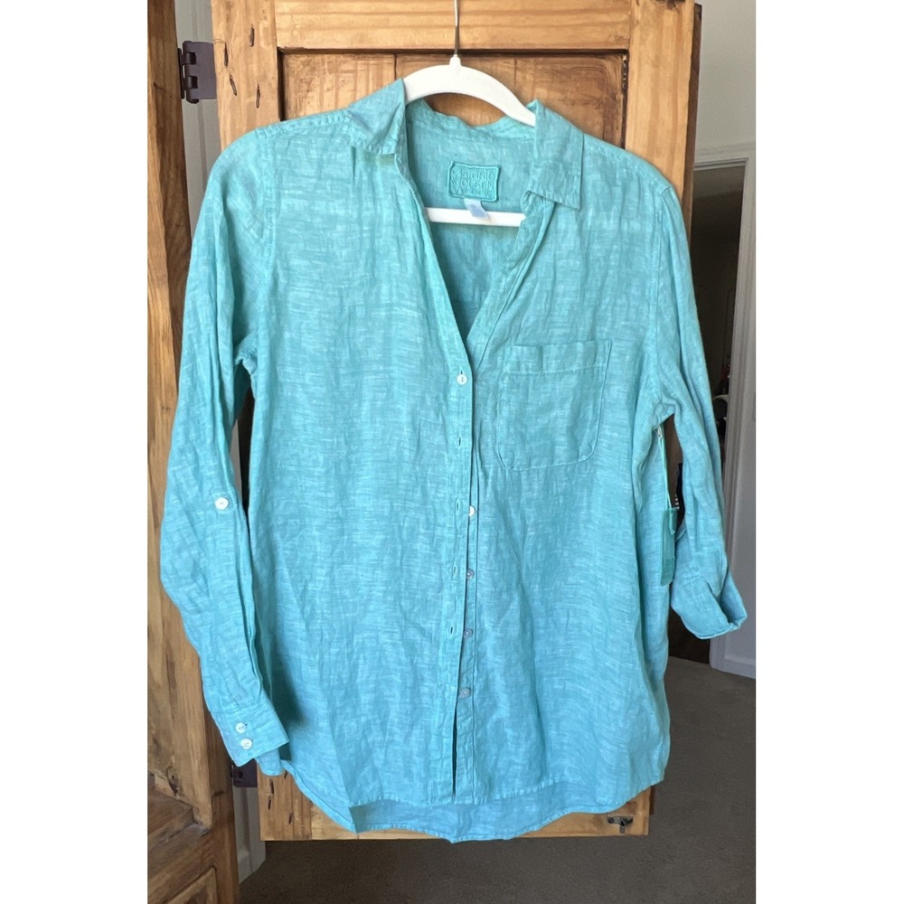Sigrid Olsen Women's Blouse, Size Small, 100% Linen, Teal 3/4 Sleeve, Button-Up